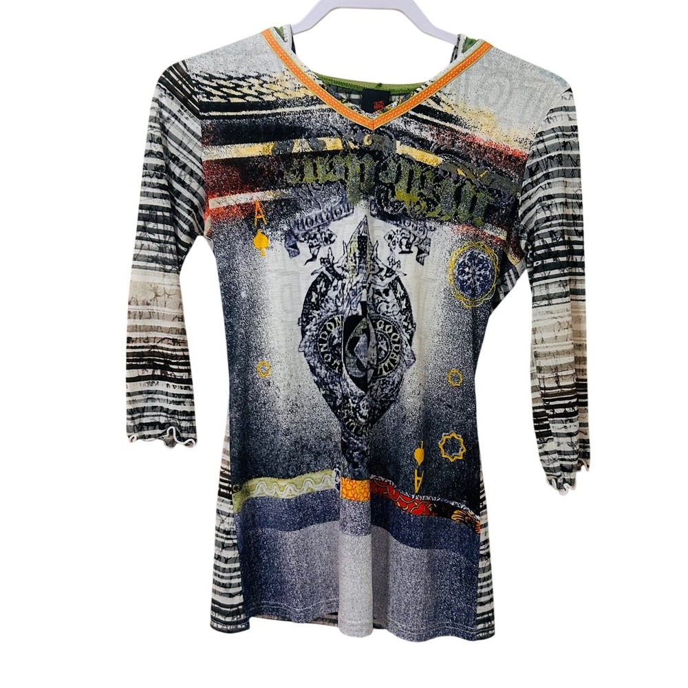 ANAC by kimi Graphic Print Hooded Mesh Top Size S Y2K Avant Garde Artsy